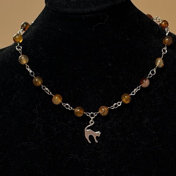 Genuine Earthy Carnelian Agate Short Necklace, Gemstone & Slim Cat Pendant - Picture 3 of 15